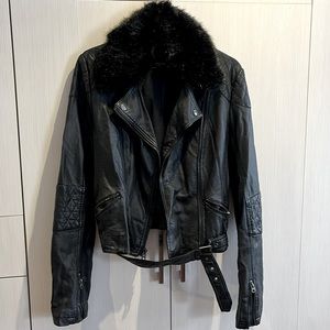 TOPSHOP TALL faux leather fur trimmed moto jacket